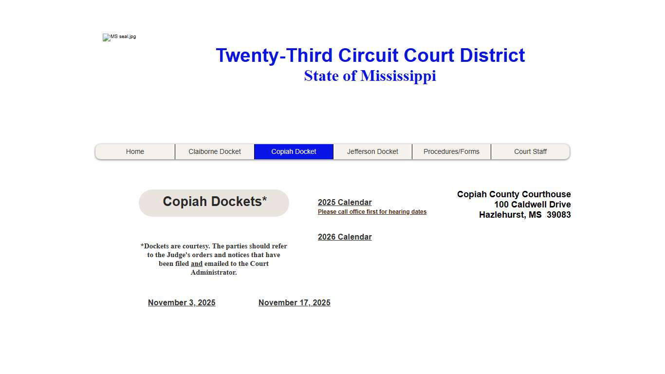 Copiah Docket | 22nd Circuit Court