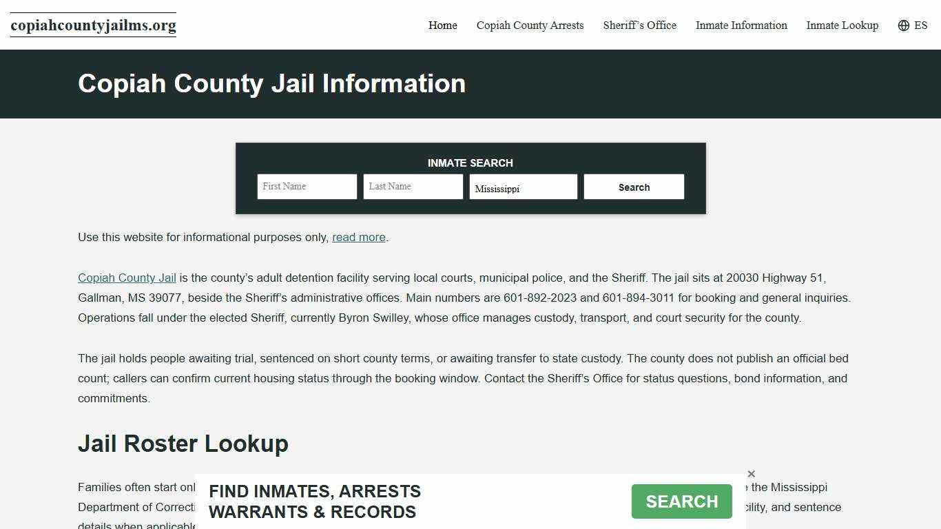 Copiah County, MS Jail Roster, Inmate Info